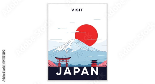 Visit Japan Poster: Mount Fuji, Torii Gate, Red Sun, Cherry Blossoms, Traditional Architecture
