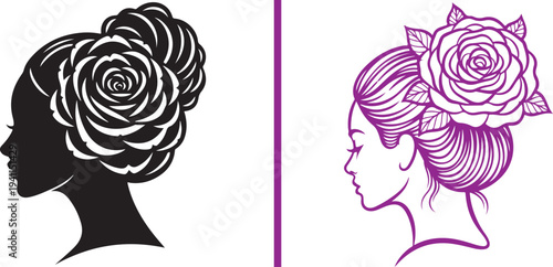 Elegant vector profile of a woman with a large rose bun. Features a bold black silhouette with negative space detailing and a refined purple line art version. Ideal for beauty and spa branding.