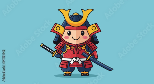 Cute Samurai Warrior Character with Sword, Japanese Warrior Cartoon