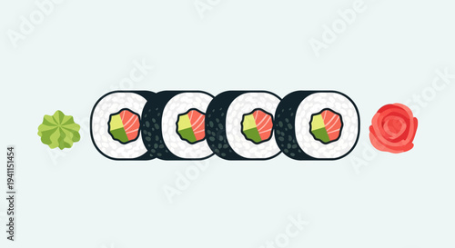 Delicious Salmon Sushi Rolls with Wasabi and Ginger on a Light Blue Background