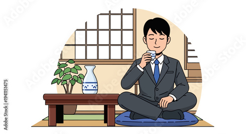 Japanese businessman enjoying sake in traditional tatami room, relaxation, cultural experience