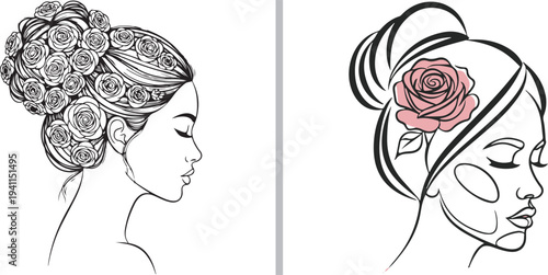 Elegant side-profile vector art featuring a woman with a dense rose-filled bun on the left and a minimalist line-art version with a single pink rose and facial contouring lines on the right.