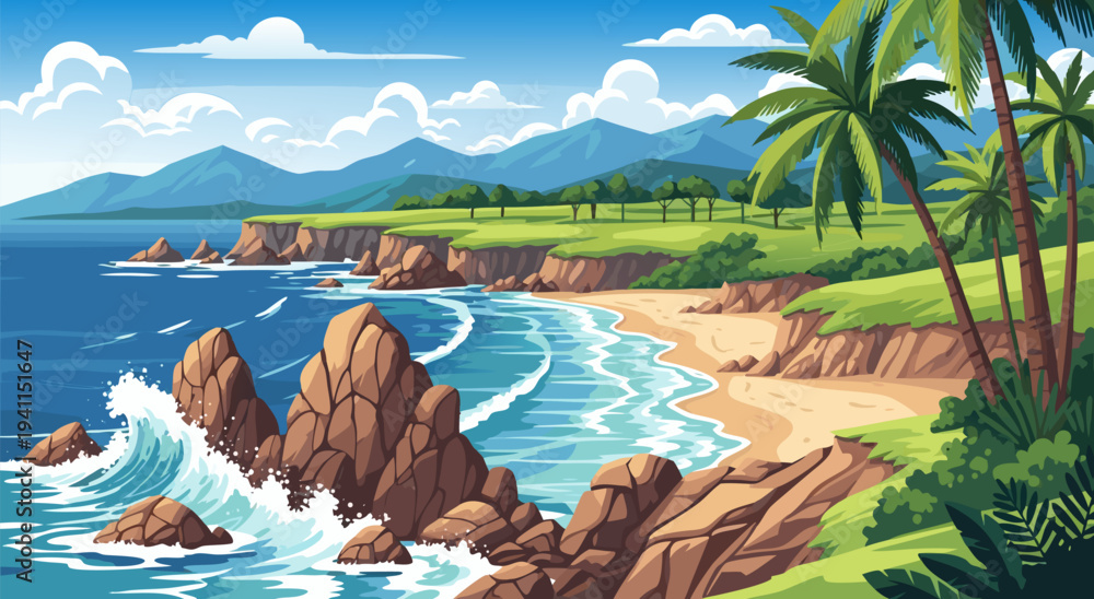 Fototapeta premium Beautiful coastal landscape vector illustration with ocean waves crashing on rocky shores and palm trees swaying in the breeze under a clear blue sky, a perfect scene for travel and nature lovers