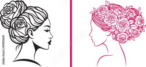 Elegant vector profile of a woman featuring an ornate rose-filled bun. Includes a detailed black line art version and a vibrant pink minimalist outline. Perfect for boutique beauty and spa branding.