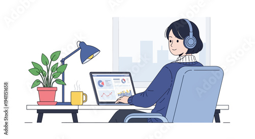 Young Woman Working Remotely with Headphones and Laptop at Desk