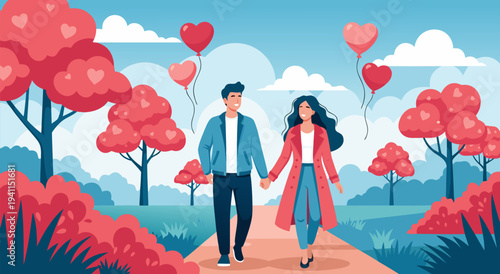 A romantic couple walks hand-in-hand in a park filled with heart-shaped trees and balloons, vector illustration