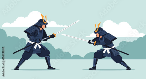 Two Samurai Warriors in Traditional Armor Fighting with Swords