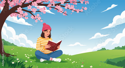 Beautiful Spring vector illustration of a young woman reading a book under a cherry blossom tree in a lush green meadow