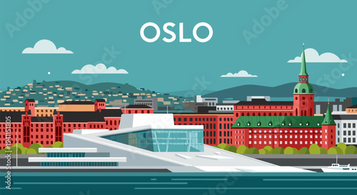 Oslo Cityscape Vector Illustration - A Modern Architectural View of Norway's Capital with Water and Hills