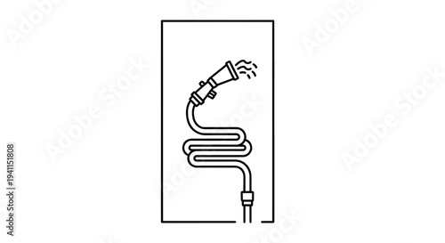 Minimalist black outline icon of a garden hose with a spray nozzle actively dispersing water streams