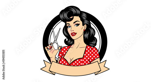 Retro Pin-up Girl with Scissors in a Circle - Vector Illustration for Hair Salon Branding and Logo Design