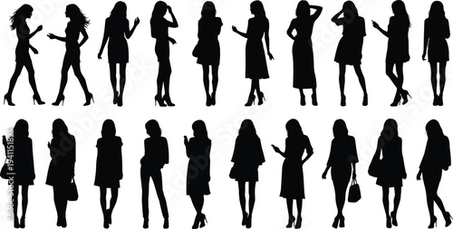 Black silhouettes of fashionable women standing and walking in stylish dresses for female community, lifestyle, shopping, and modern elegance concepts.