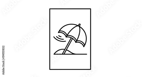 Minimalist line illustration of a beach umbrella caught in a breezy seaside environment, ideal for
