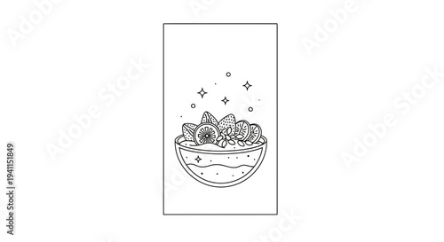 Minimalist line art illustration of a sparkling fresh fruit and berry breakfast bowl concept