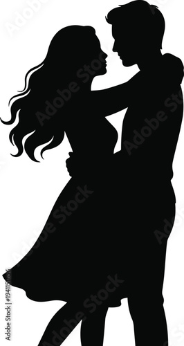 Black silhouette of romantic couple in love hugging, dancing, and embracing for wedding, engagement, Valentines Day, and relationship concept design.
