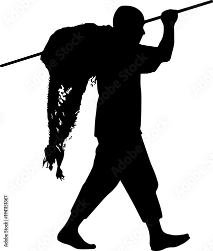Fisherman Carrying Fishing Net Silhouette