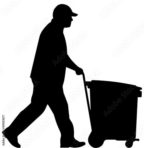 Person Silhouette Pushing Trash Bin