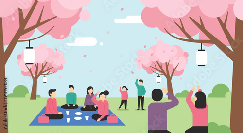 Family Picnic Under Cherry Blossoms: Springtime Celebration and Outdoor Leisure