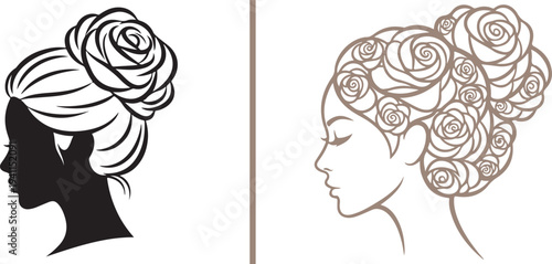 Elegant vector profiles of a woman with rose-adorned hair. Features a striking black silhouette with white line detailing and a delicate brown line art version. Ideal for beauty and spa branding.