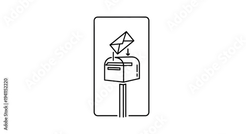Minimalist outline icon illustrating an envelope descending into a classic postal mailbox,