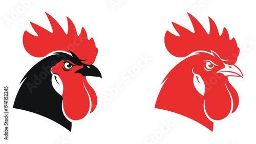 A black and a red rooster head silhouette