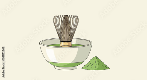Matcha preparation: Whisking green tea powder in a bowl with bamboo whisk, pile of powder
