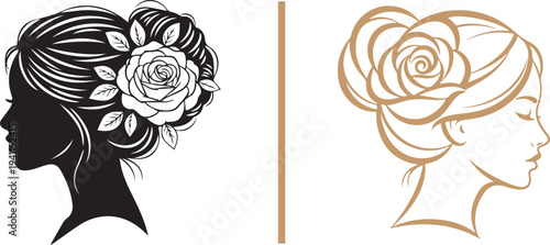 Elegant vector duo featuring side profiles of women with rose-adorned hairstyles. Includes a high-contrast black silhouette with leaf details and a minimalist gold-toned line art illustration.