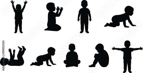 Collection of black silhouettes featuring toddlers and babies crawling, standing, playing, and sitting in various cute poses, isolated vector set.