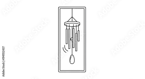 A minimalist line art depiction of a decorative wind chime creating tranquil melodies