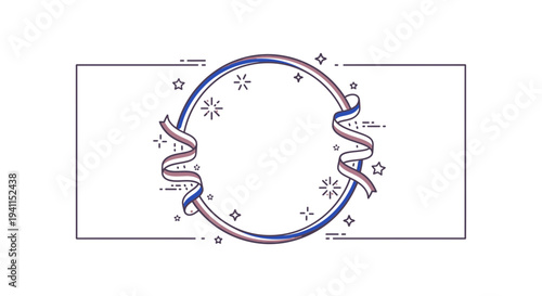 Modern minimalist circular outline with celebratory ribbons and scattered sparks perfect for