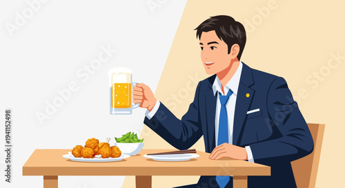 Businessman enjoying beer and fried food at a restaurant table
