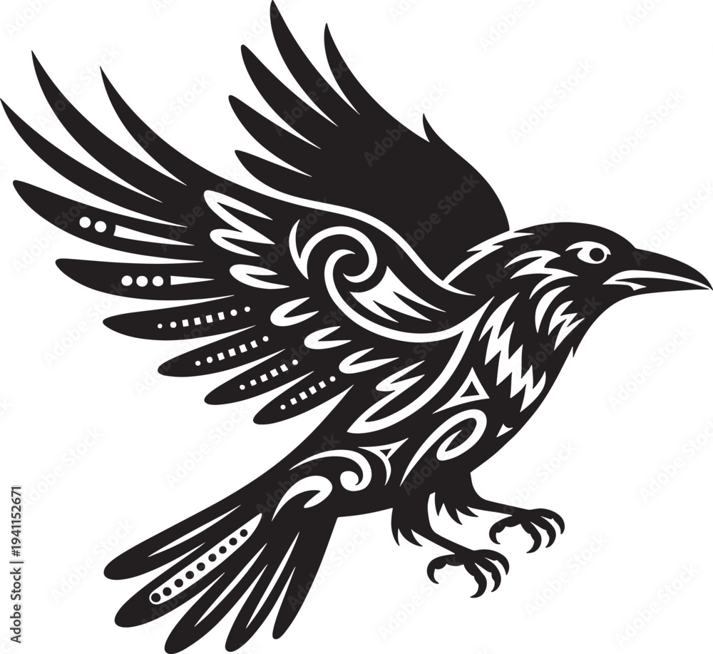 Fototapeta premium Stylized raven flying with ornate decorative patterns isolated on transparent background