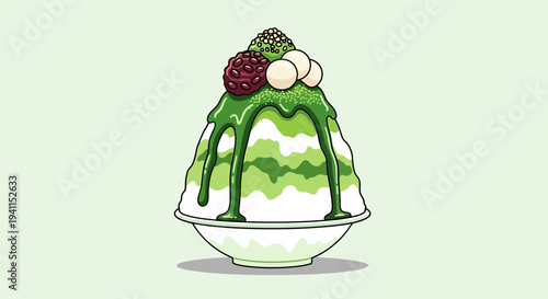 Pixel Art Matcha Shaved Ice Dessert with Berries and Mochi