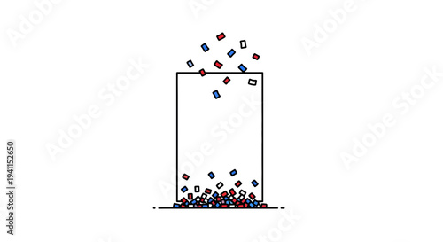 Abstract illustration of festive confetti falling into a simple rectangular container on a clean