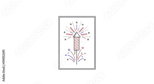 Minimalist line art firework rocket design bursting with stars and sparks for festive occasions