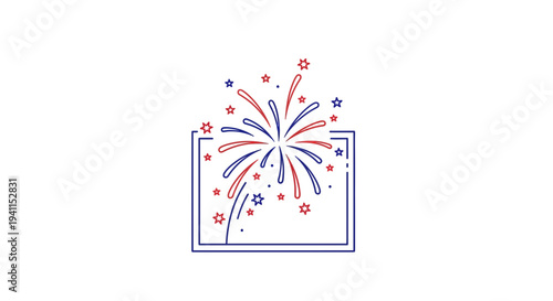 Dynamic line art firework bursts in vibrant red and blue, enclosed within a sleek minimalist frame