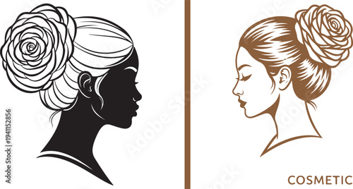 Elegant cosmetic vector art featuring a high-contrast black silhouette and a refined brown line-art profile of a woman with a blooming rose hair bun. Ideal for beauty and skin care branding.