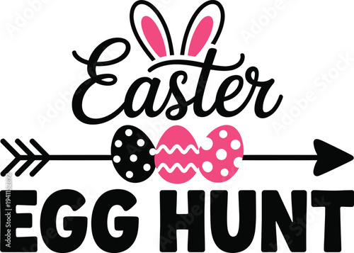 Easter egg hunt with bunny ears, eggs, and arrow isolated on transparent background