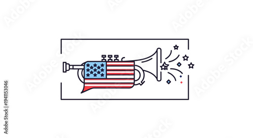 Vibrant American flag themed trumpet creating festive patriotic music and celebration sounds