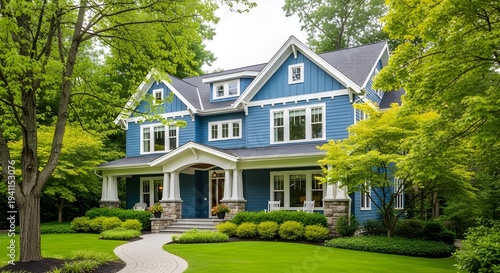 A large blue house with white trim surrounded by trees and a well manicured lawn