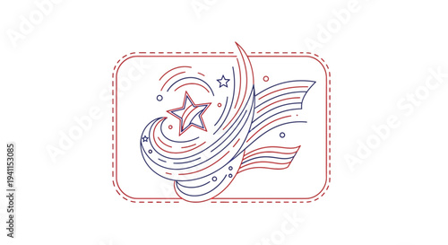 Dynamic abstract star and flowing ribbons illustration in patriotic colors within a dashed border