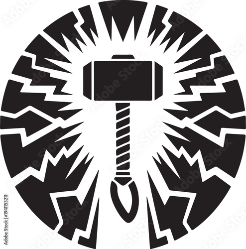 Mjolnir thunder hammer. stylized powerful weapon with lightning bolts. iconic symbol of strength