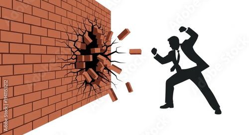Man Breaking Through Brick Wall.