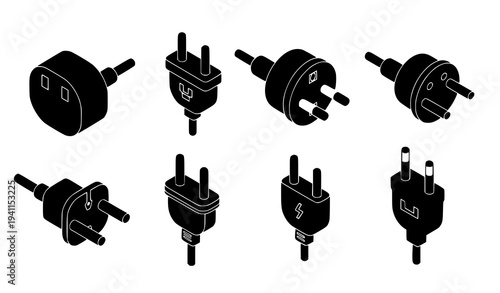 Isometric two and three pin plug black icon vector set electrical power symbol