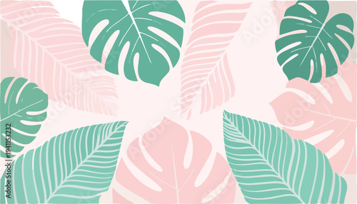 Monstera leaves pattern with green and pink hues on a light background, featuring tropical foliage in a repeating design.