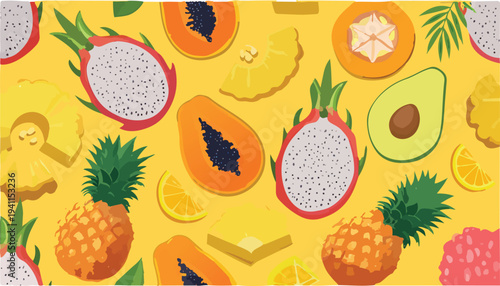 Vibrant flat lay of various tropical fruits including papaya, pineapple, and avocado on a bright yellow background with green leaves and slices.