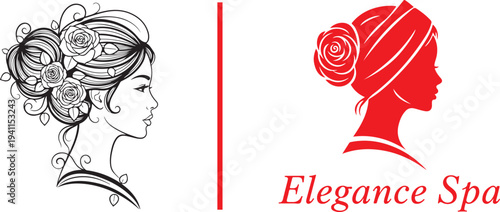 Elegant spa vector art featuring a detailed line-art woman with roses on the left and a red silhouette for "Elegance Spa" on the right. Perfect for beauty branding and salon logos.