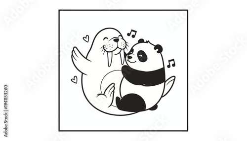 Delightful cartoon walrus and panda sharing a joyful hug with musical notes and hearts expressing