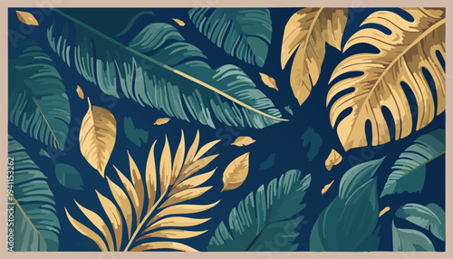 Tropical leaf pattern with gold and green leaves on a dark blue background, featuring various palm and monstera leaves in a decorative arrangement.