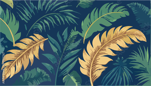 Vibrant tropical leaf pattern with gold and green leaves on a dark blue background, showcasing a mix of foliage in a decorative arrangement.